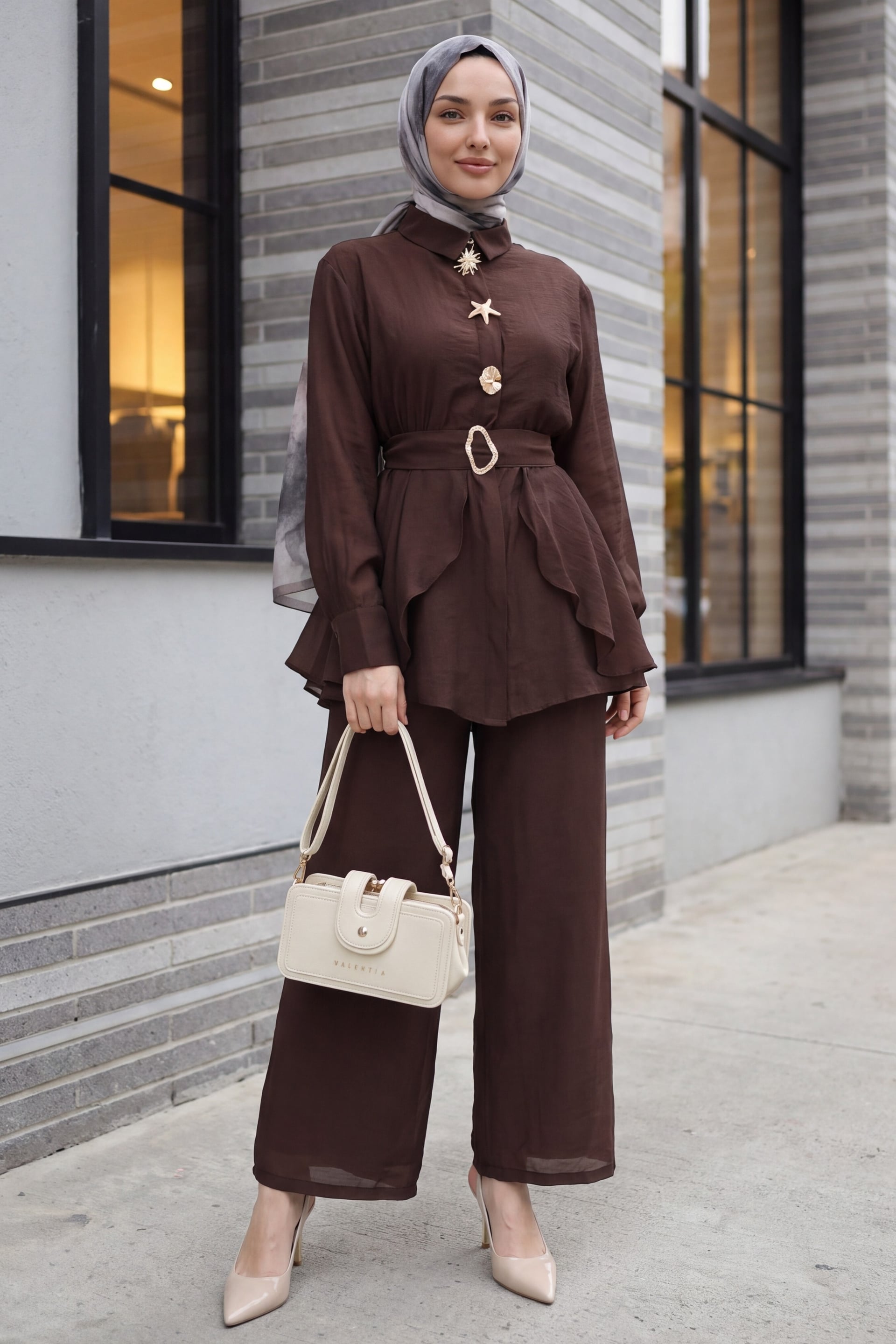 Lined Cupra Two-Piece Set with Elastic Waist Belt and Pocketed Trousers - Dark Brown - Podyumplus - by Peralane