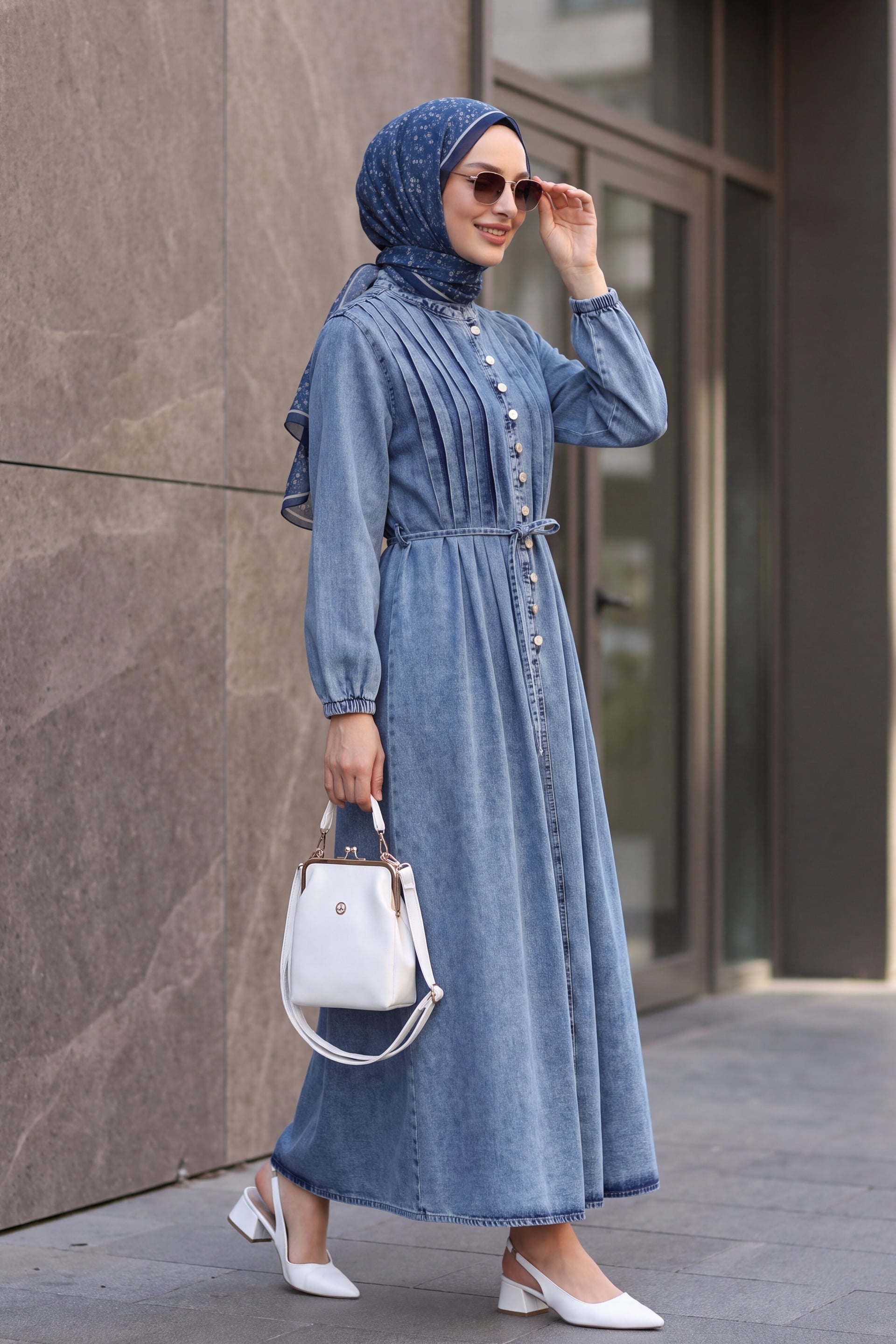 Half Button Denim Dress with Tie Waist and Elastic Cuffs - Ice Blue - Podyumplus - by Peralane