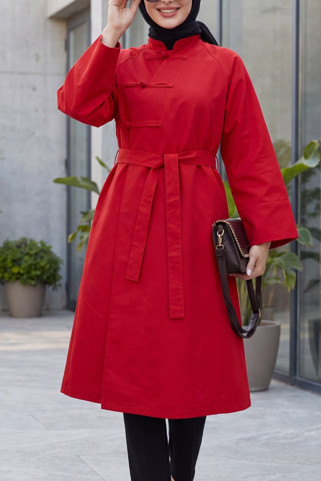 Red Mandarin Collar Belted Trench Coat with Frog Closures - Podyumplus - by Peralane