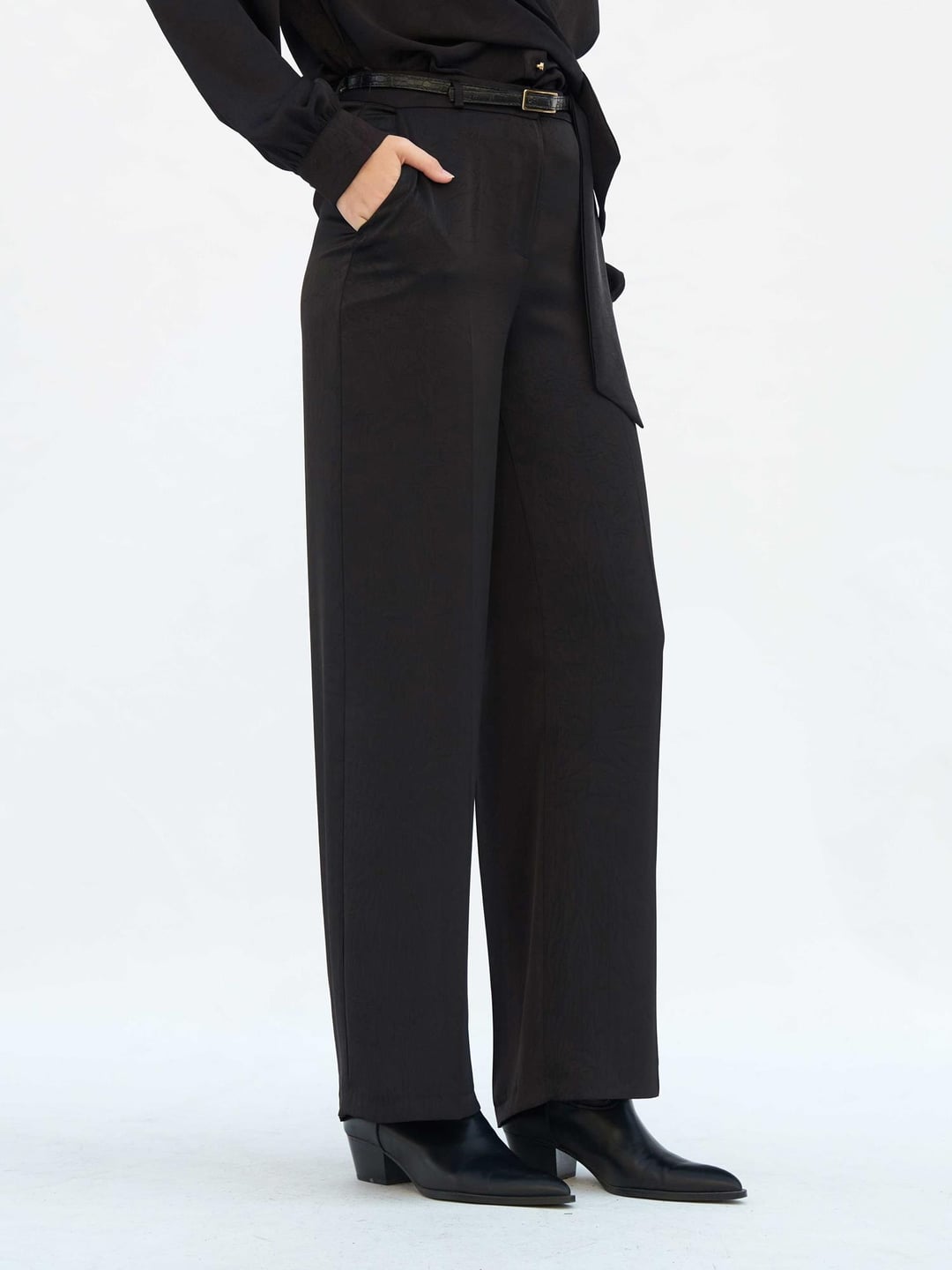 Black Satin Belted Wide-Leg Trousers - Lefon - by Peralane - photo 6