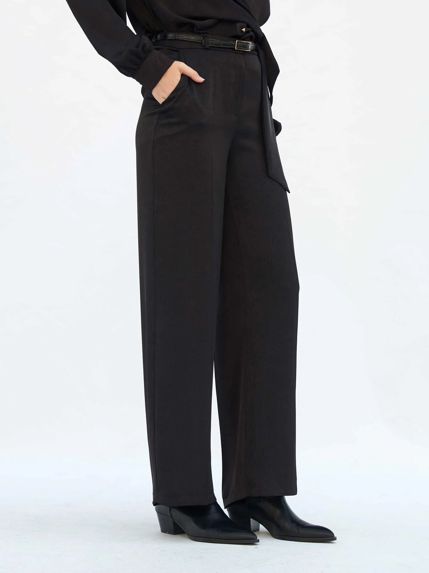 Black Satin Belted Wide-Leg Trousers - Lefon - by Peralane - photo 6