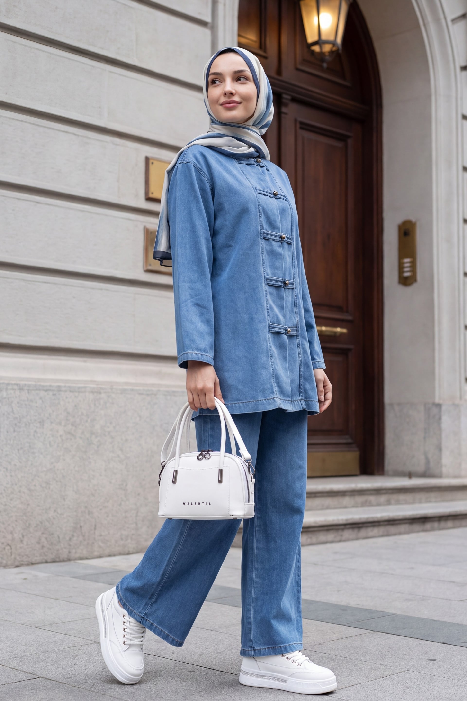 Blue Denim Mandarin Collar Tunic and Wide-Leg Trousers Set - Podyumplus - by Peralane - photo 3