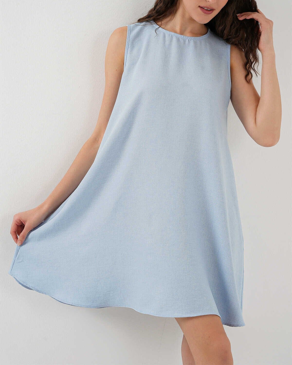 Mini Linen Dress in Light Blue - Sleeveless A-Line - Bigdart - by Peralane
