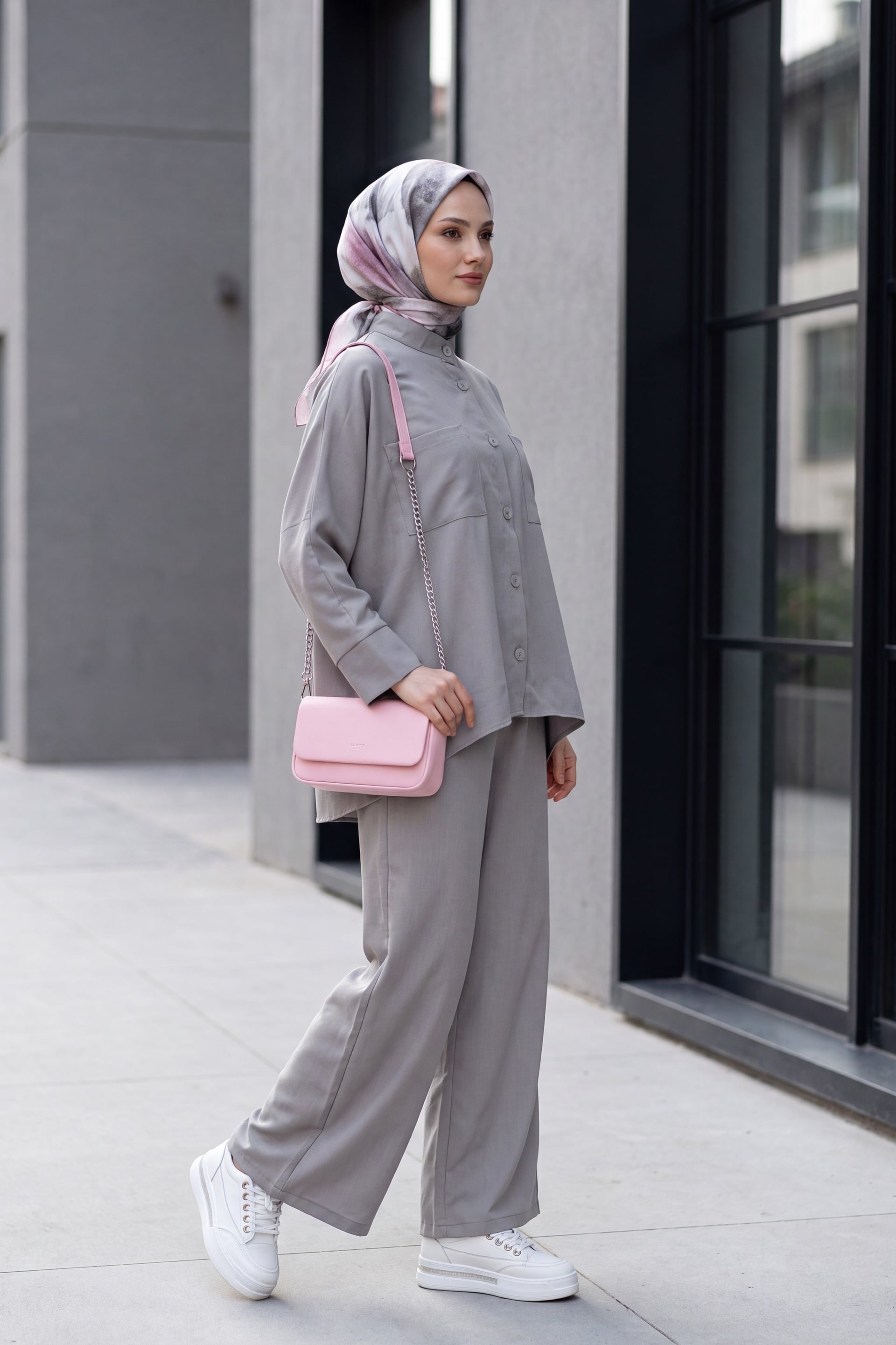 Women's Two-Piece Button-Front Shirt and Wide-Leg Trousers Set - Grey - Podyumplus - by Peralane - photo 2