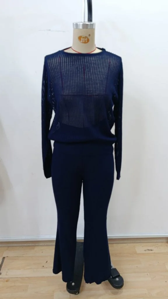 Women's Long Sleeve Crew Neck Sheer Detail Knit Top and Wide-Leg Trousers Two-Piece Set - Janes - by Peralane - photo 4