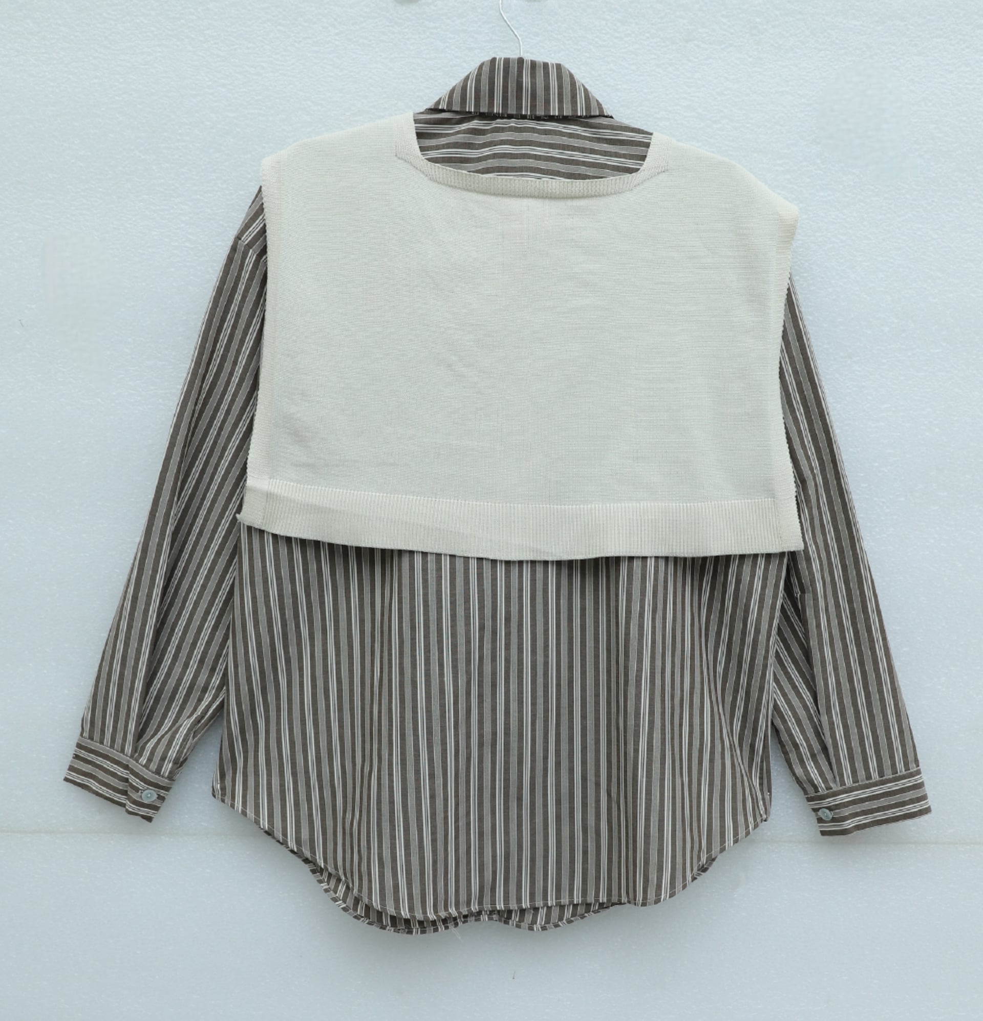 Striped Linen Look Shirt with Knitted Scarf Detail - Brown - Podyumplus - by Peralane - photo 4
