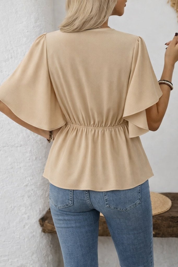 Women's Short-Sleeve Button-Front Crepe Blouse - Beige - Janes - by Peralane - photo 4