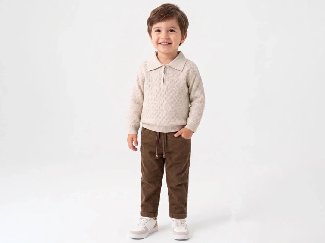 Patterned Boy's Knit Sweater and Corduroy Trousers Set - Beige - Canoz - by Peralane