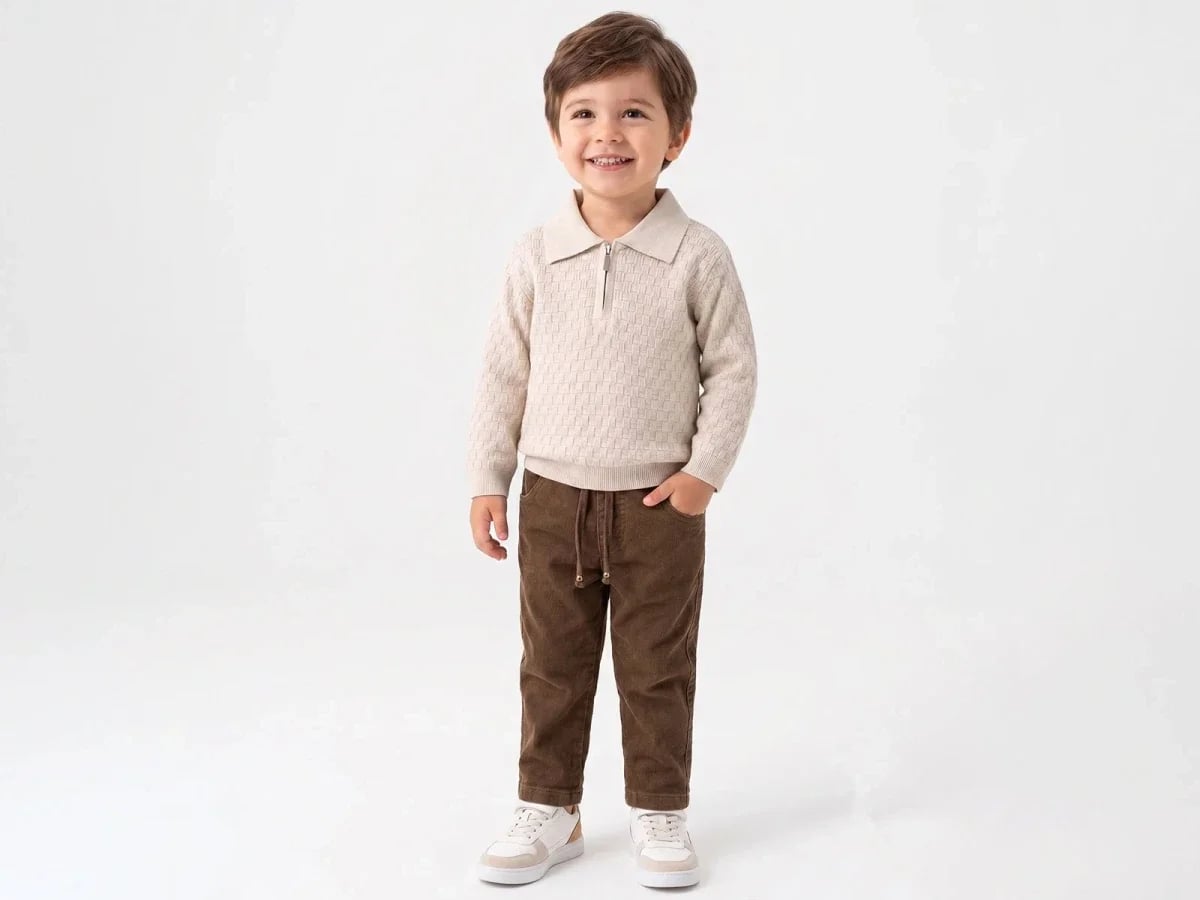 Patterned Boy's Knit Sweater and Corduroy Trousers Set - Beige - Canoz - by Peralane