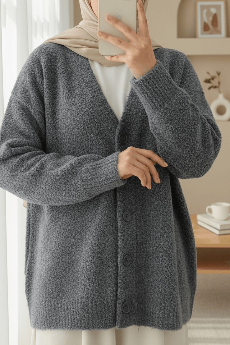 Buttoned Loose Knit Cardigan - Smoke - Podyumplus - by Peralane