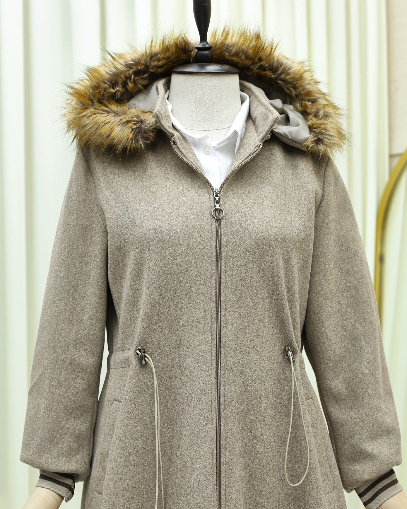 Hooded Faux Fur Trim Wool Blend Coat with Drawstring Waist - Taupe - Podyumplus - by Peralane - photo 6