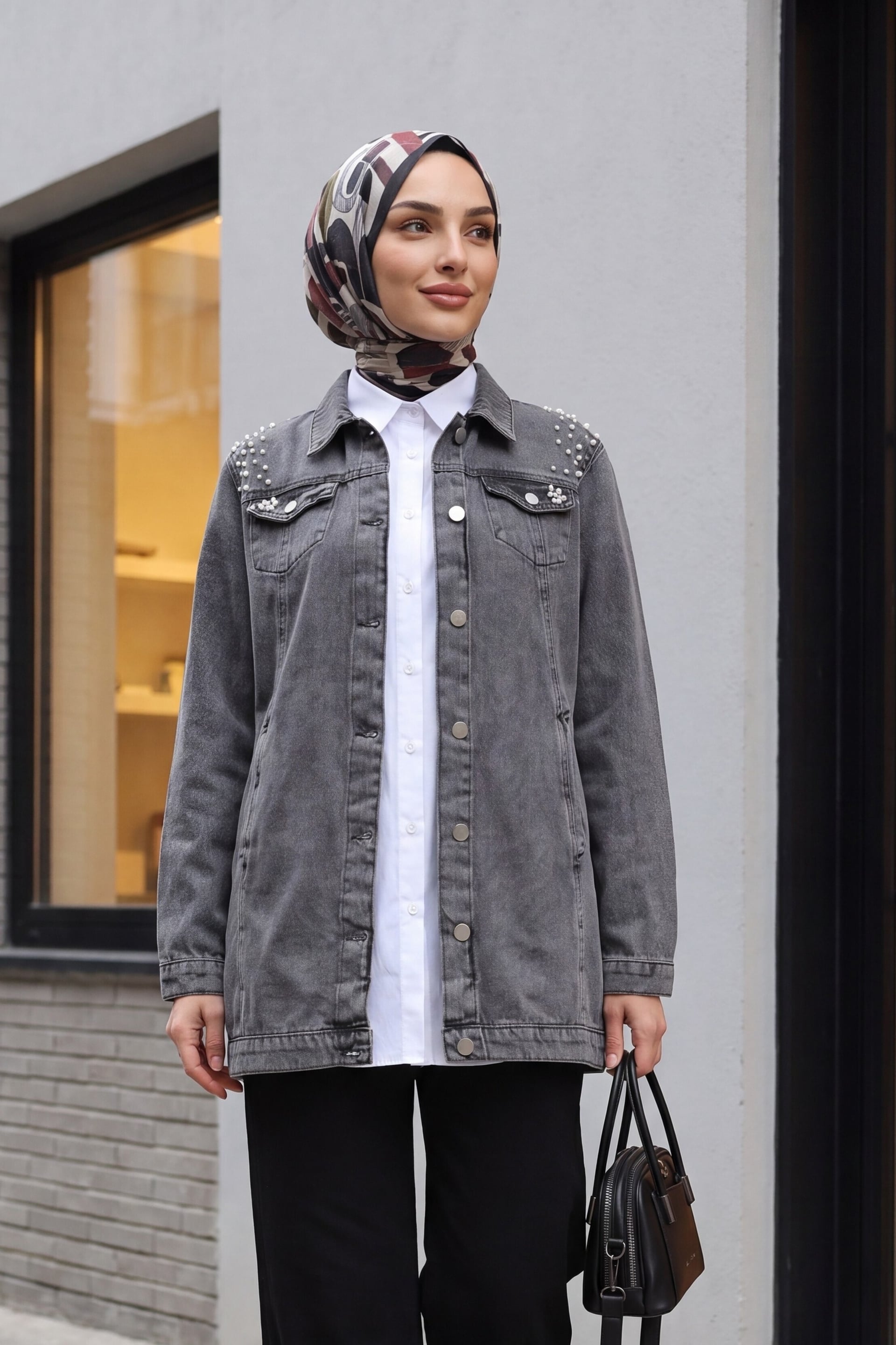 Stone Embellished Washed Denim Jacket - Smoke - Podyumplus - by Peralane - photo 4