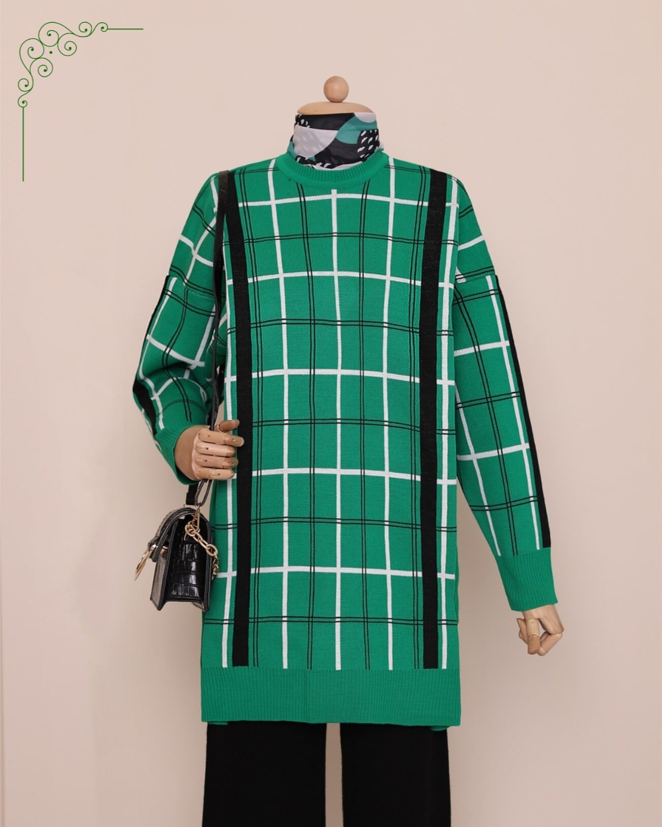 Plaid Patterned Knit Tunic - Green - Podyumplus - by Peralane - photo 3