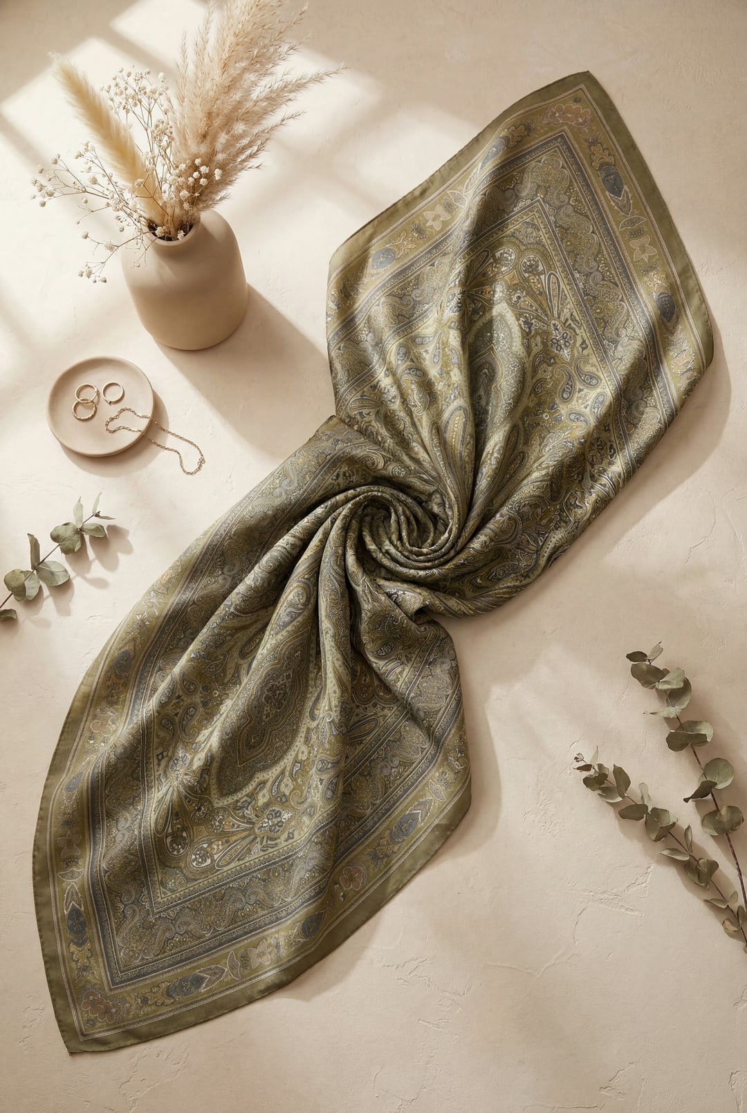 Paisley Print Cotton Scarf with Border - Olive Green - Podyumplus - by Peralane