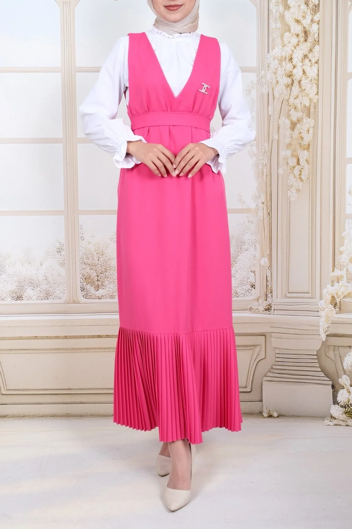 Pleated Skirt Belted Jumper Dress in Fuchsia with White Blouse - Podyumplus - by Peralane