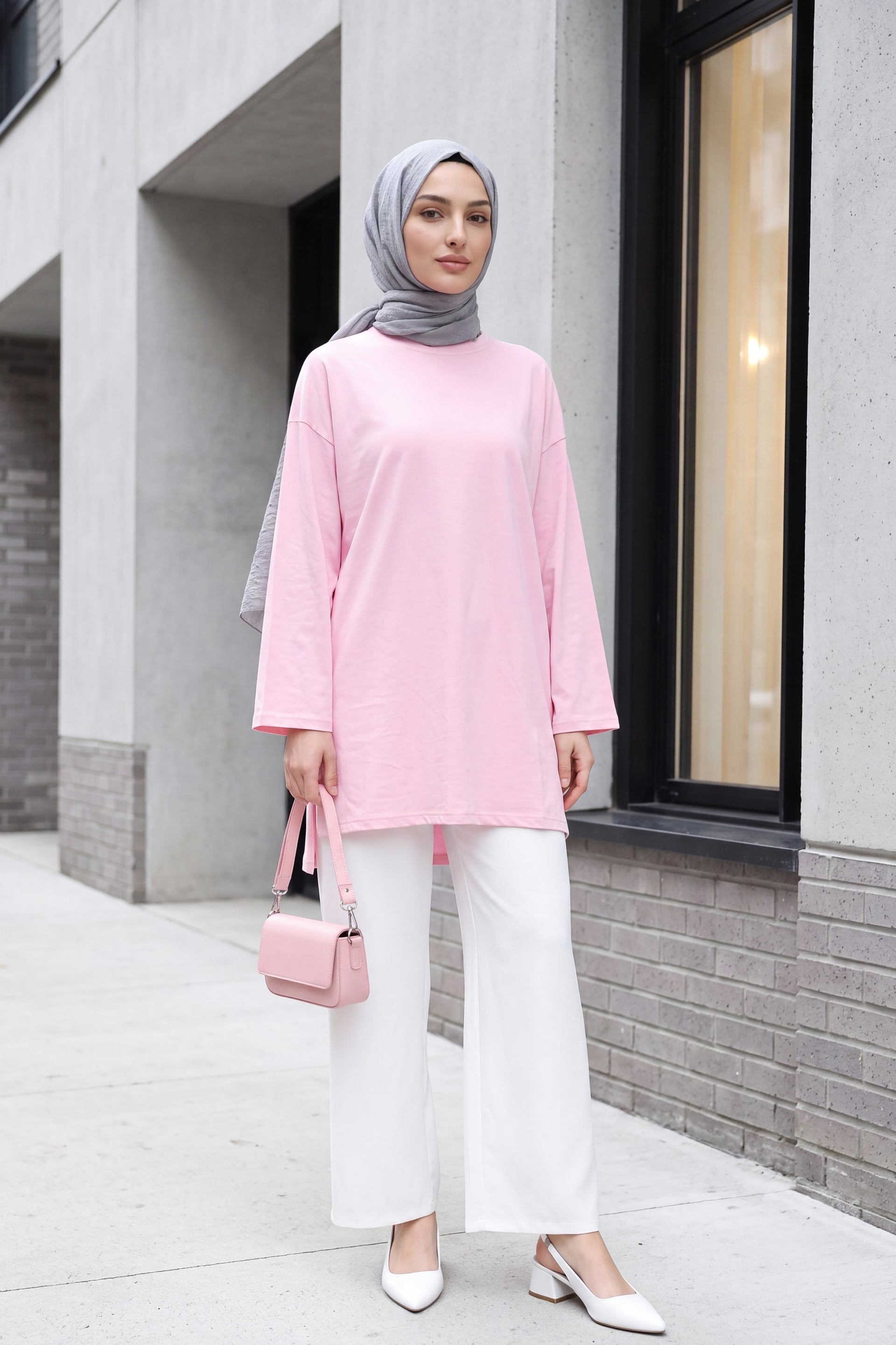 Round Neck Relaxed Fit Knit Tunic - Pink - Podyumplus - by Peralane - photo 2