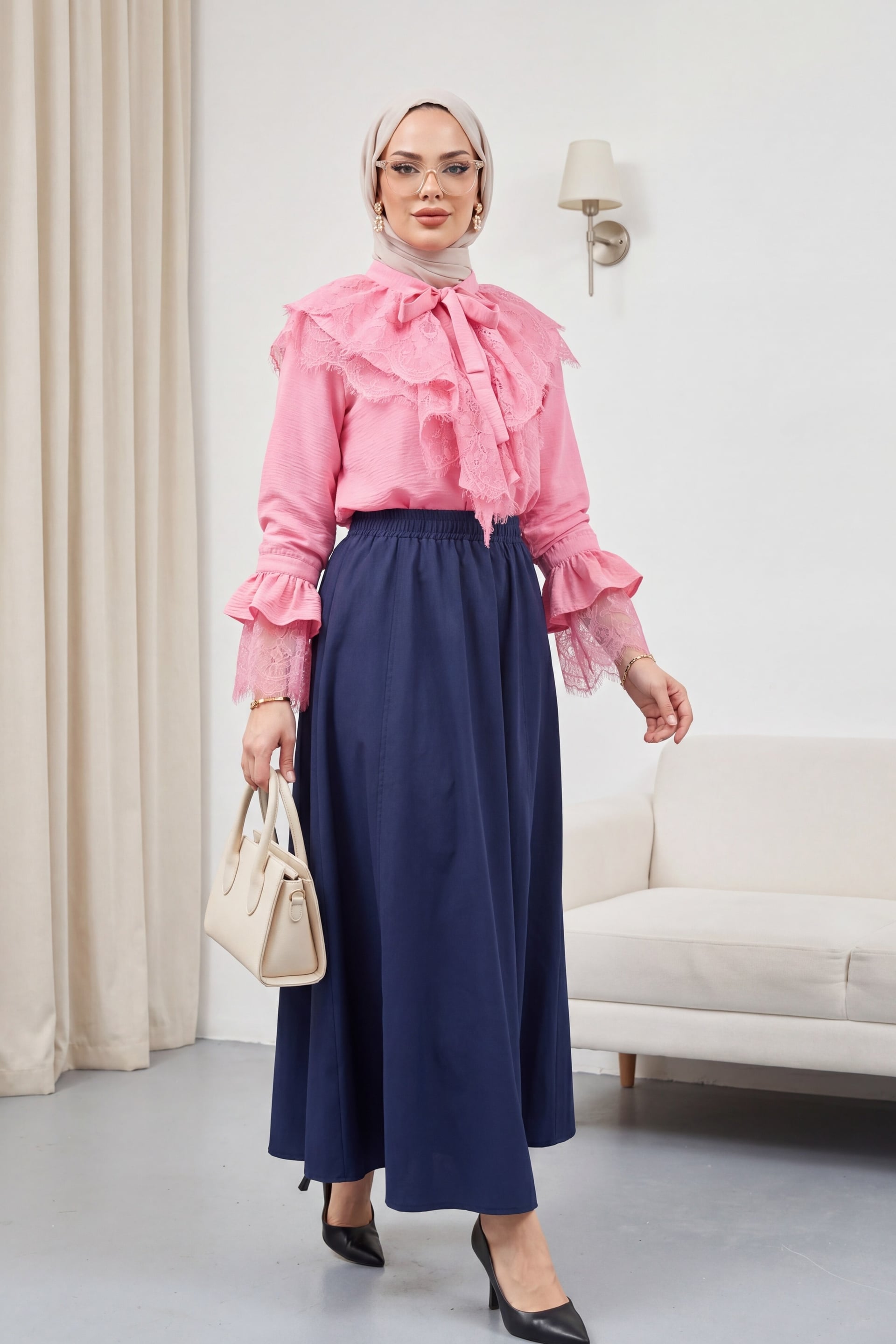 Tie-Front Lace-Trimmed Ruffle-Sleeve Shirt - Pink - Podyumplus - by Peralane - photo 3