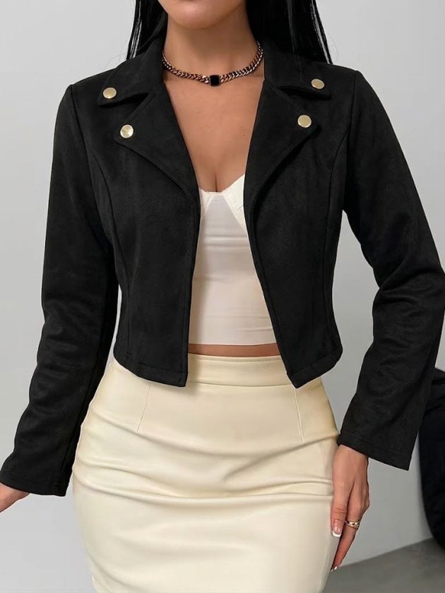Women's Cropped Suede Jacket with Notched Lapel and Button Detail - Janes - by Peralane