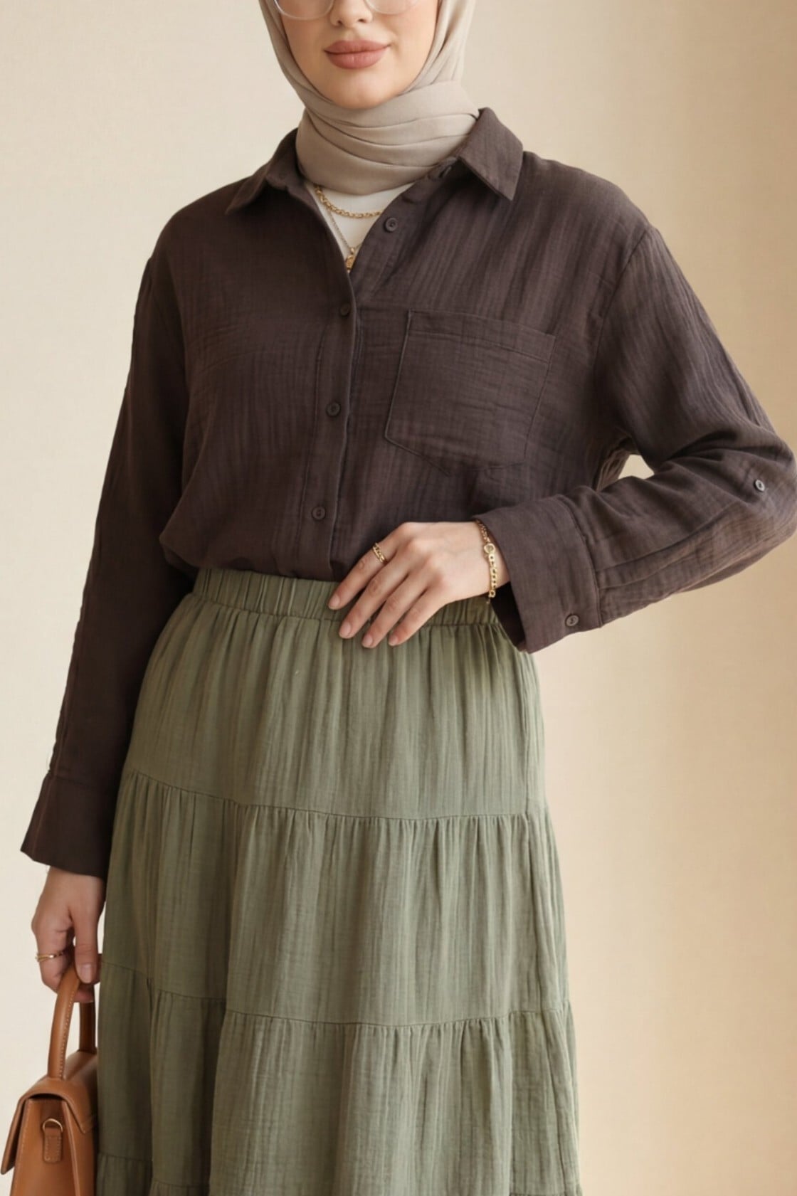Single Pocket Buttoned Muslin Blouse with Tiered Skirt Set - Brown - Podyumplus - by Peralane