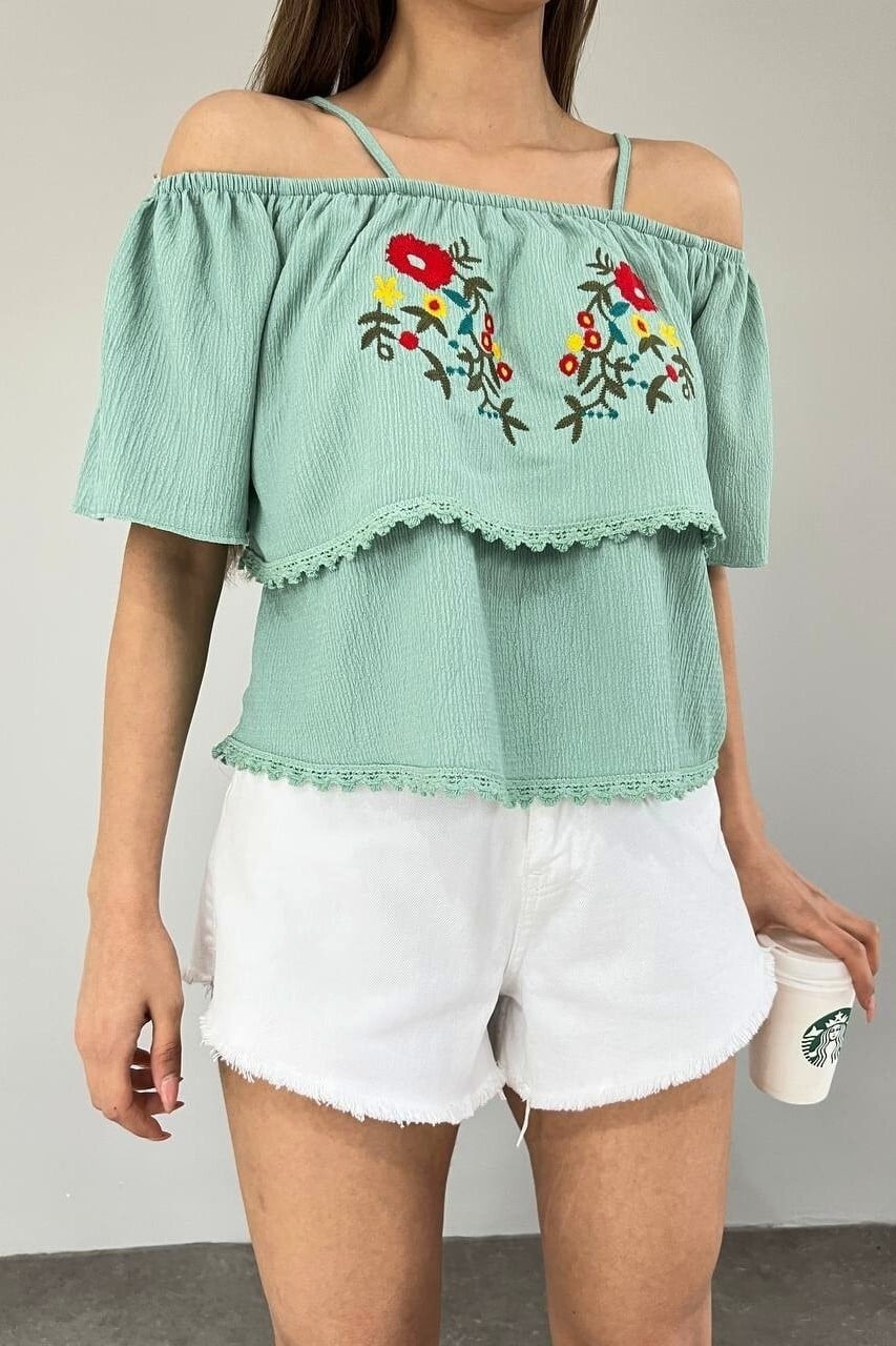 Mint Embroidered Off-Shoulder Blouse with Flutter Sleeves - Podyumplus - by Peralane