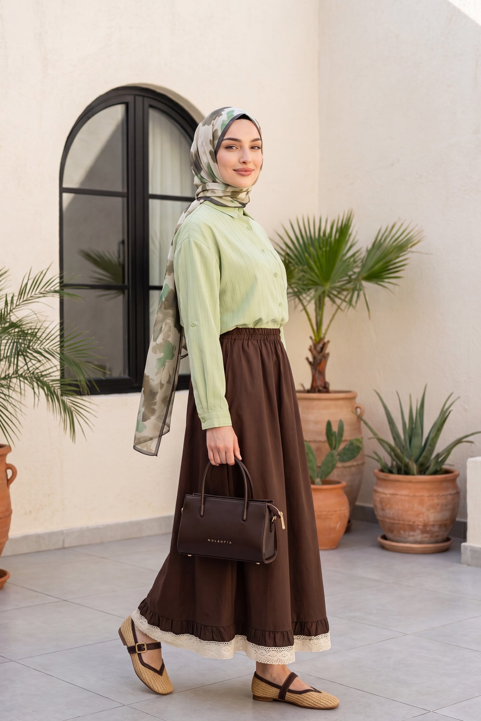 Light Green Striped Blouse and Dark Brown Skirt Two-Piece Set - Podyumplus - by Peralane - photo 6