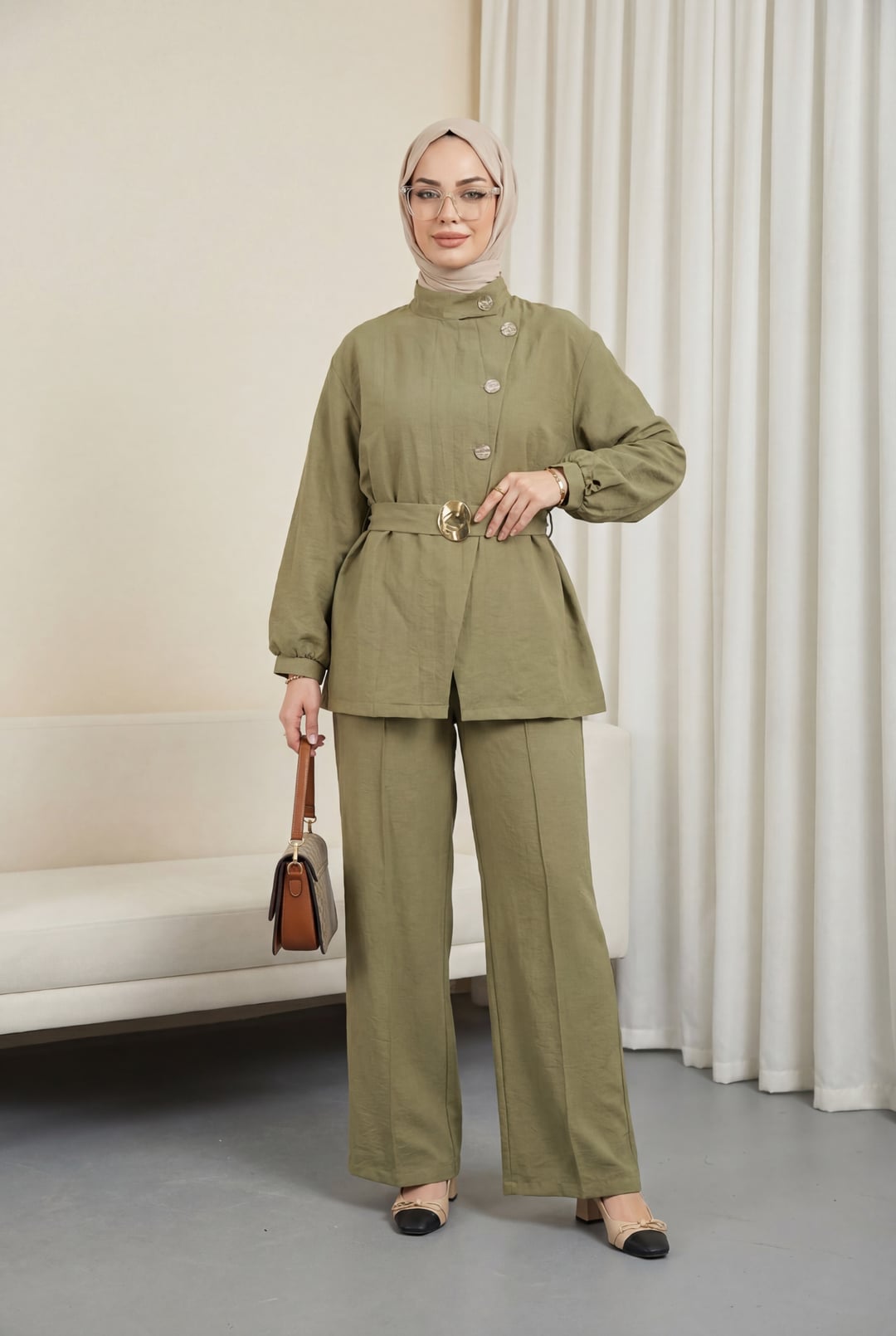 Gold Button Belted Frill Detail Cupra Two-Piece Set - Olive Green - Podyumplus - by Peralane