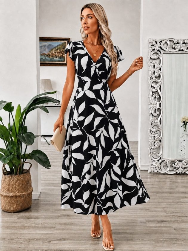 Women's Short Sleeve Wrap Collar Patterned Long Jersey Dress - Janes - by Peralane - photo 2