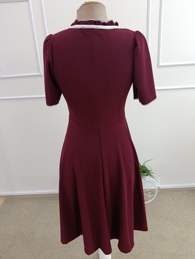 Women's Short-Sleeve Mock Neck Bow Tie Flared Midi Dress in Deep Red - Janes - by Peralane - photo 6