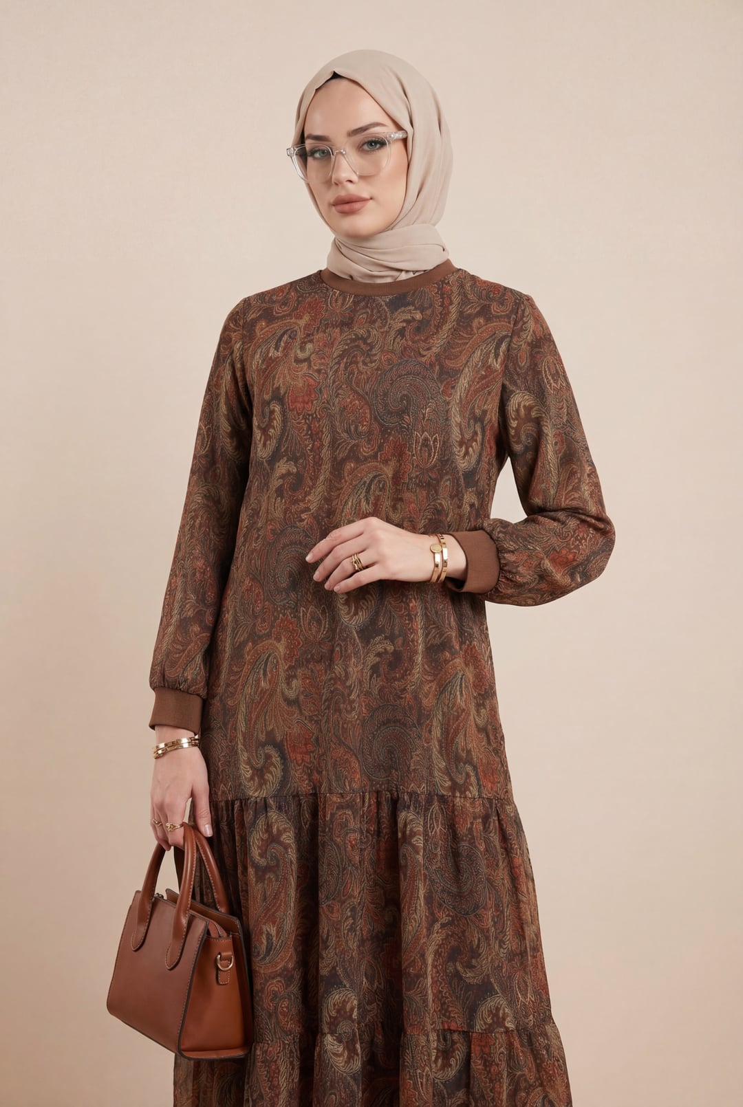 Ethnic Print Tiered Chiffon Maxi Dress - Light Brown - Podyumplus - by Peralane - photo 5