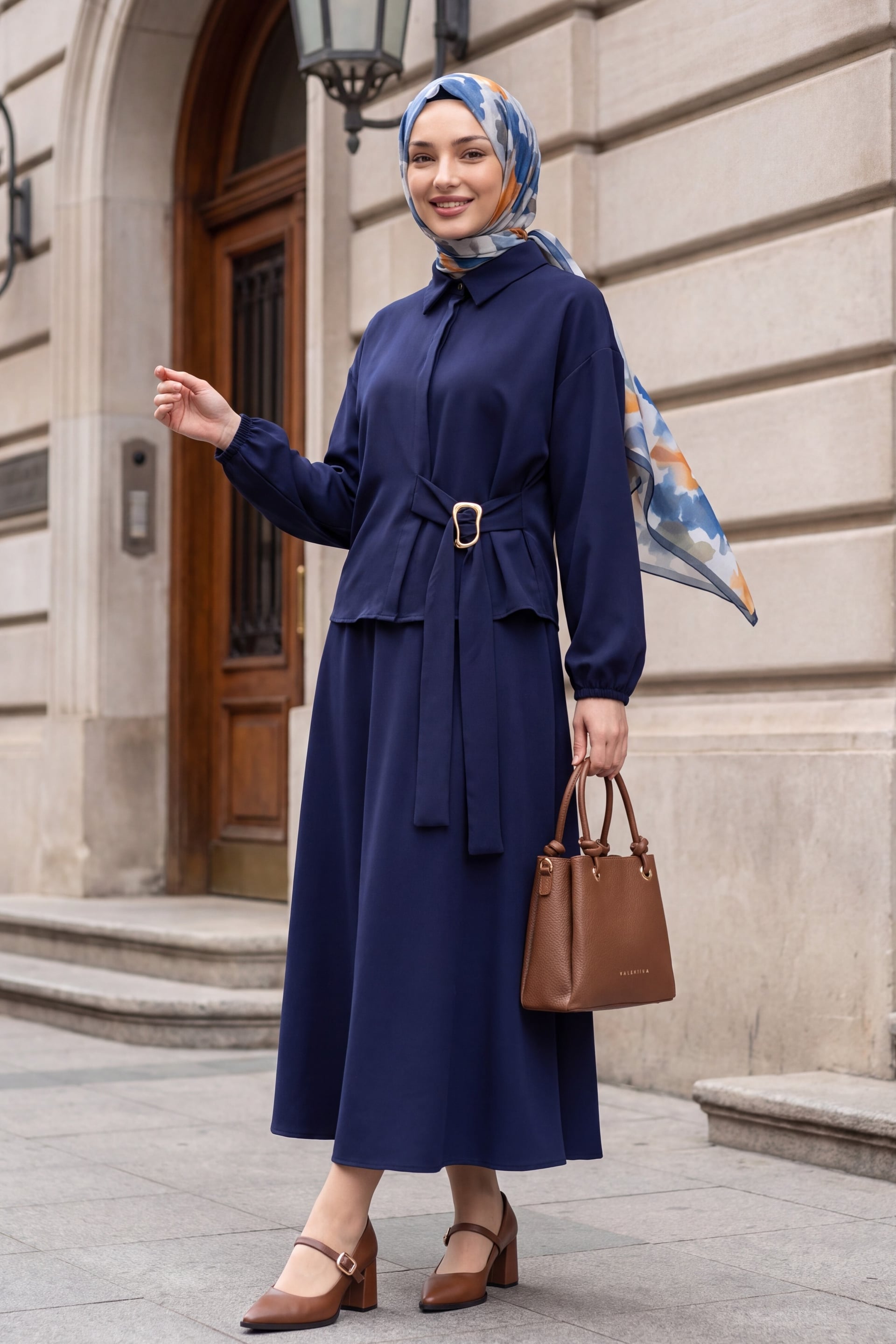 Navy Blue Crepe Modest Dress Set with Belt and Elastic Cuffs - Podyumplus - by Peralane - photo 4