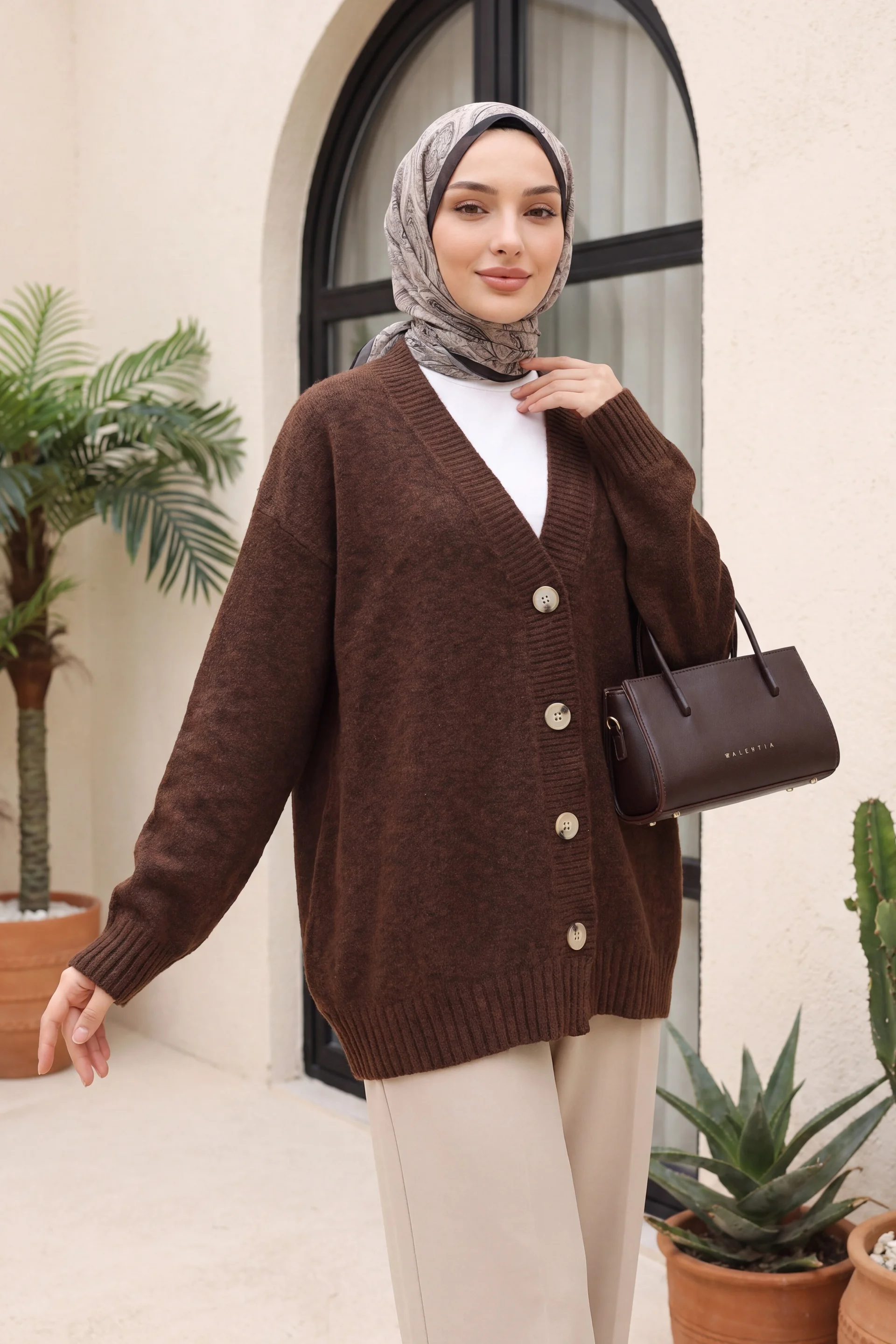 Brown V-Neck Button-Front Relaxed Knit Cardigan - Women's - Podyumplus - by Peralane