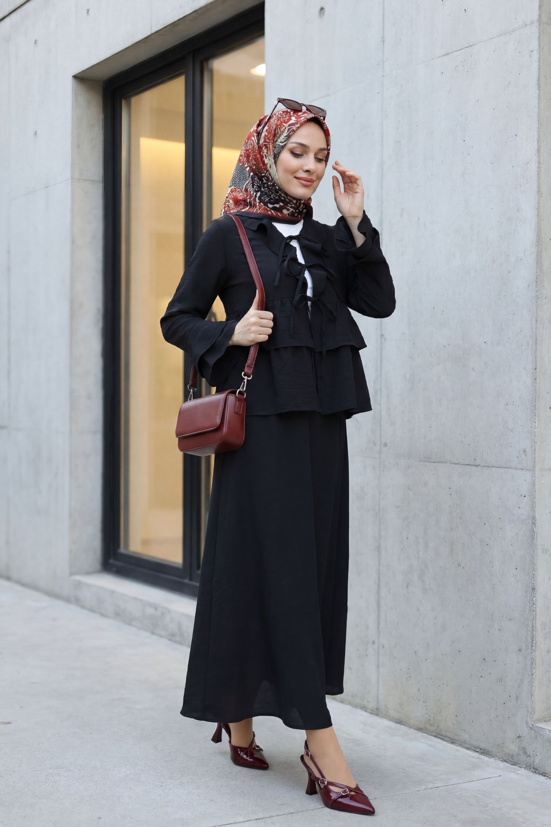 Women's Black Ruffled Kimono Set with Skirt and Flared Sleeves - Podyumplus - by Peralane