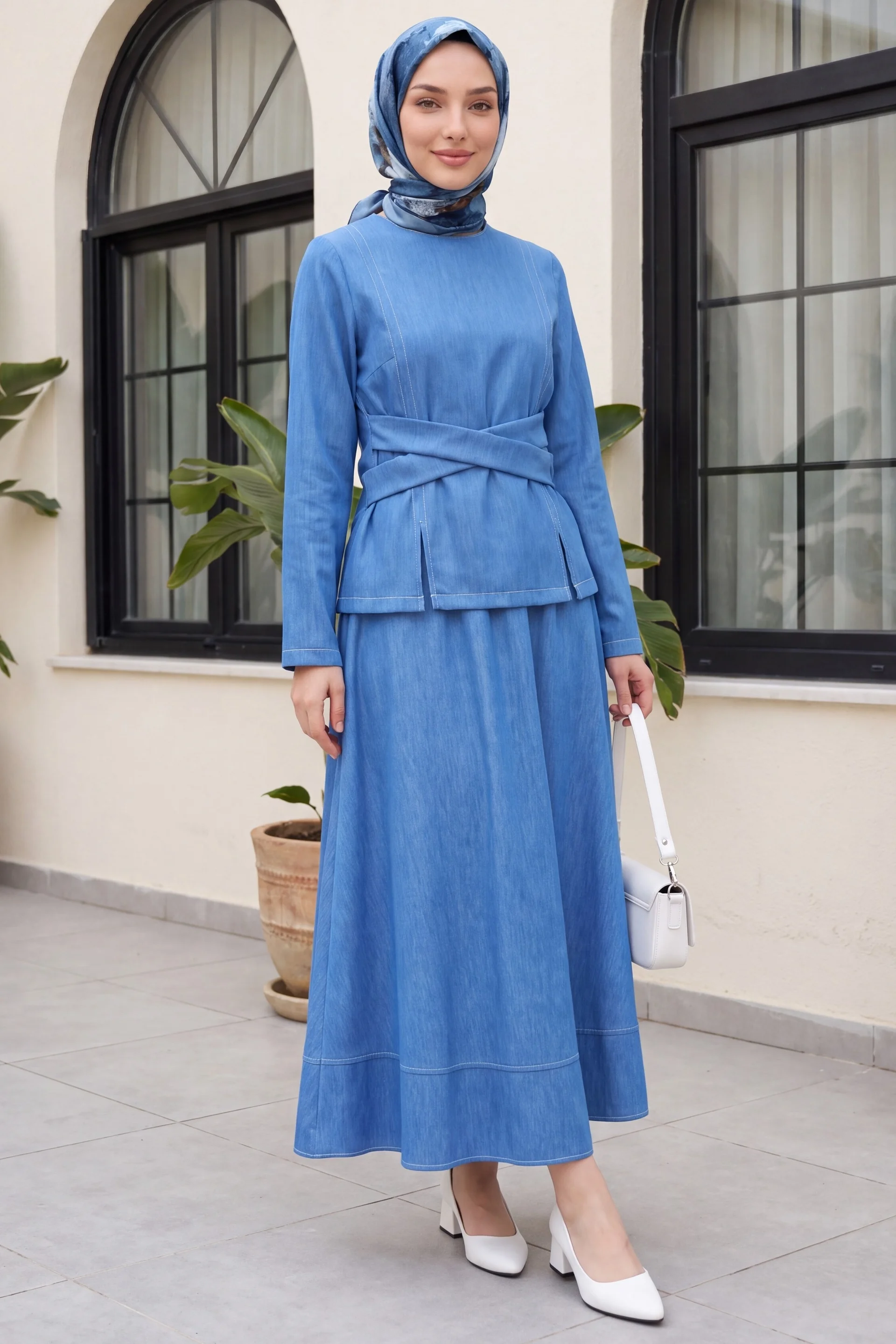 Round Neck Cross Lace Belted Peplum Top and Maxi Skirt Set - Blue - Podyumplus - by Peralane