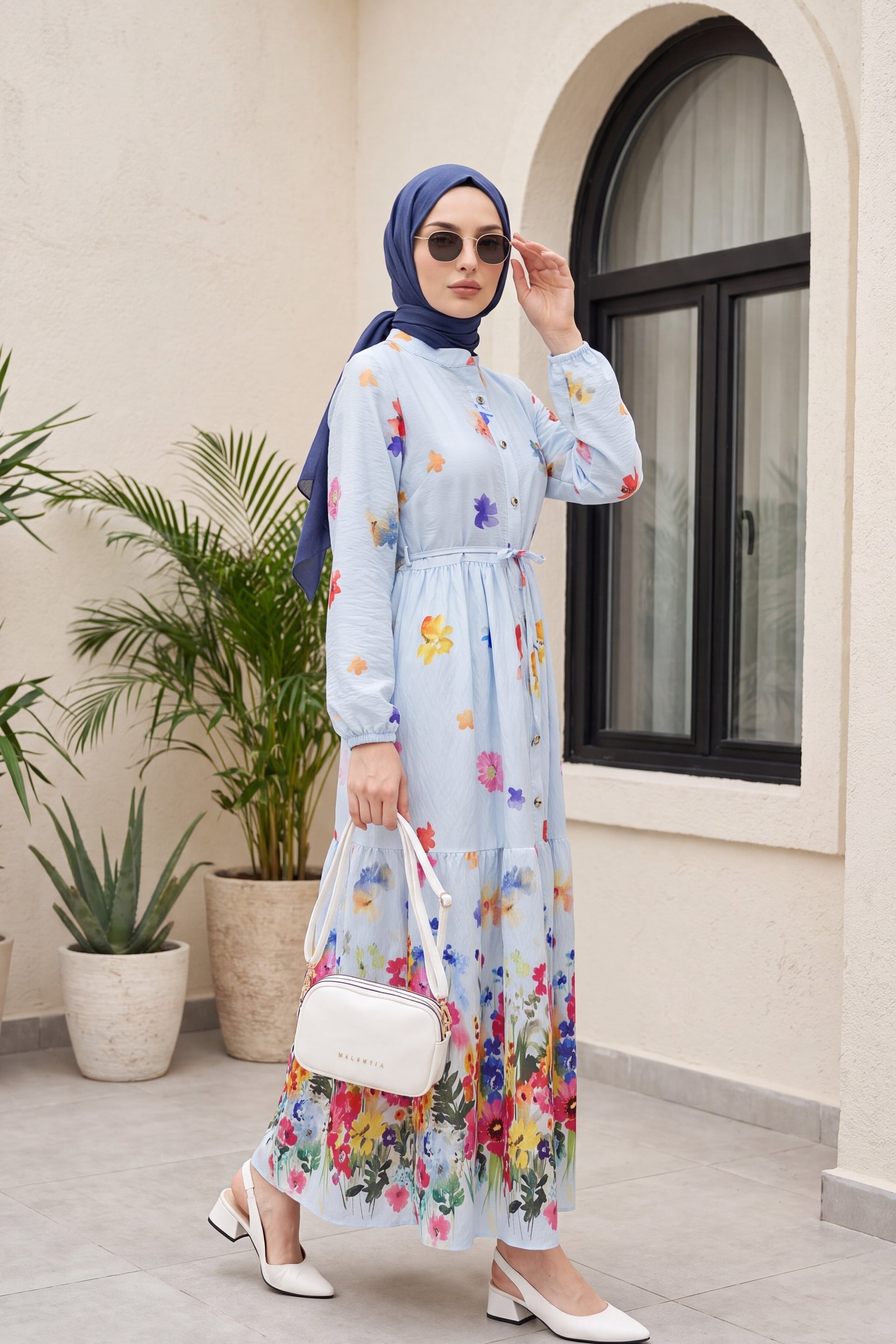 Floral Print Half-Button Belted Midi Dress with Elasticated Cuffs - Light Blue - Podyumplus - by Peralane - photo 4
