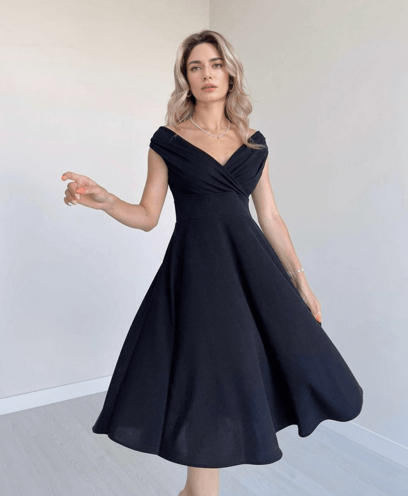 Women's Black Off-Shoulder Midi Crepe Dress with Short Sleeves - Janes - by Peralane - photo 4