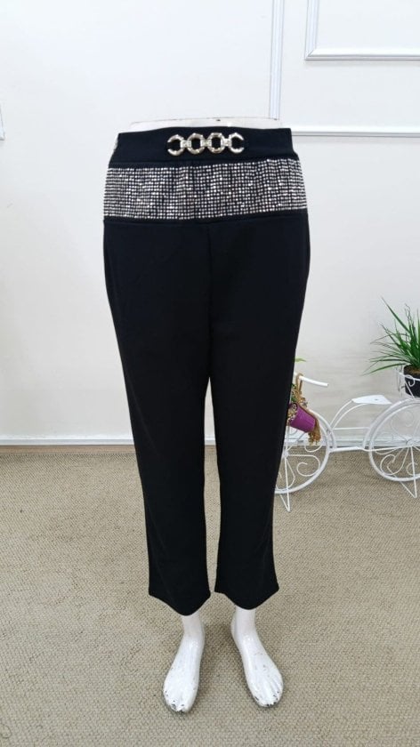 Women's High-Waist Crepe Trousers with Rhinestone and Chain Detail - Janes - by Peralane - photo 4