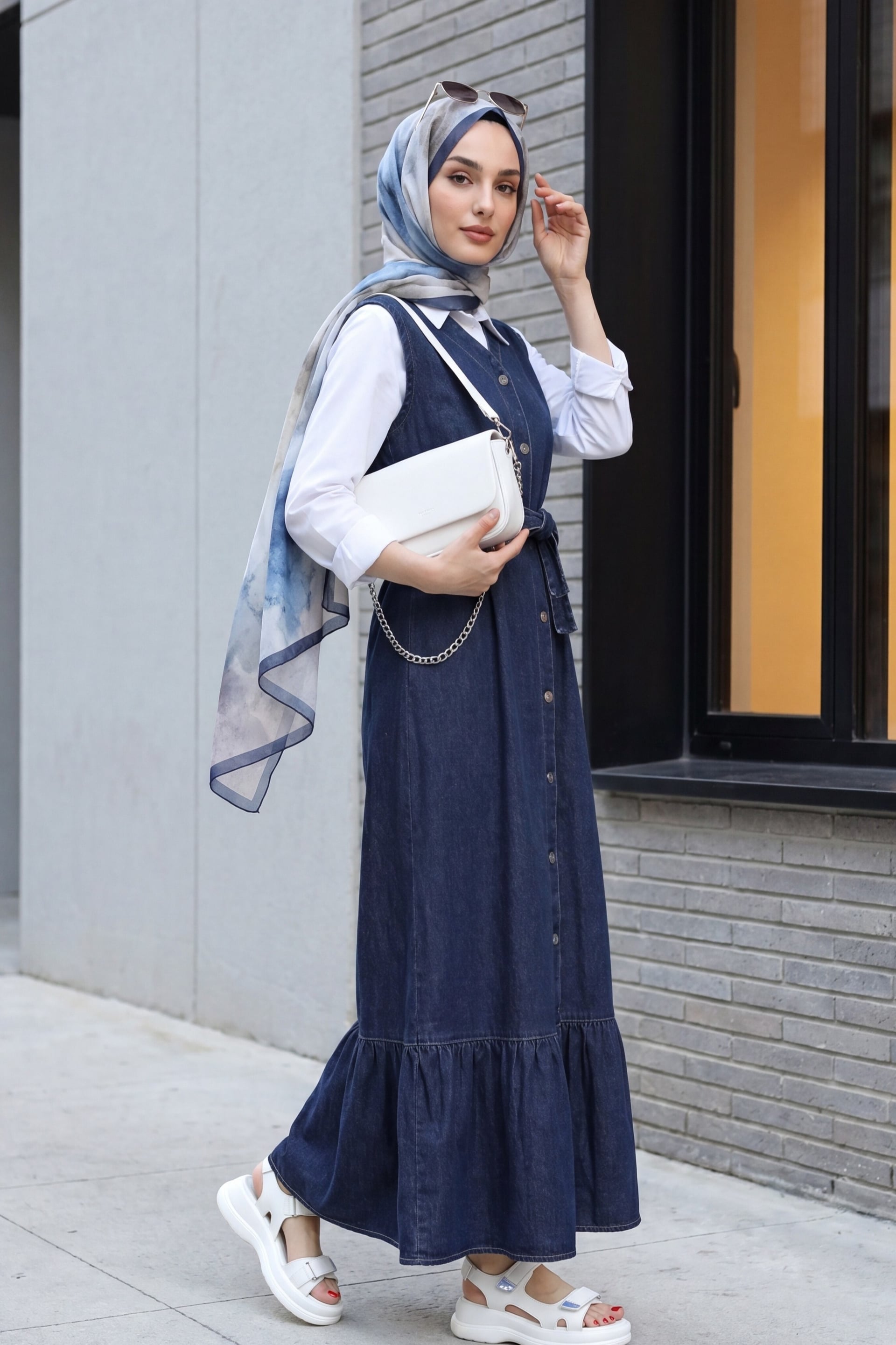 Tie Waist Button-Front Denim Jumpsuit - Dark Navy - Podyumplus - by Peralane - photo 2