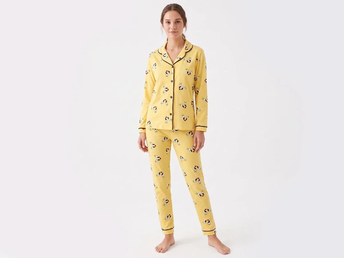 Yellow Bird Print Collared Pajama Set - Dolas - by Peralane
