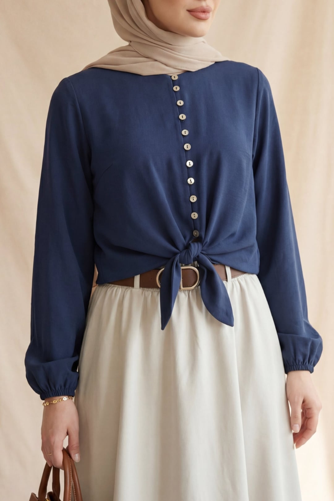 Navy Modal Blouse with Tie Hem and Elasticated Waist and Cuffs - Podyumplus - by Peralane