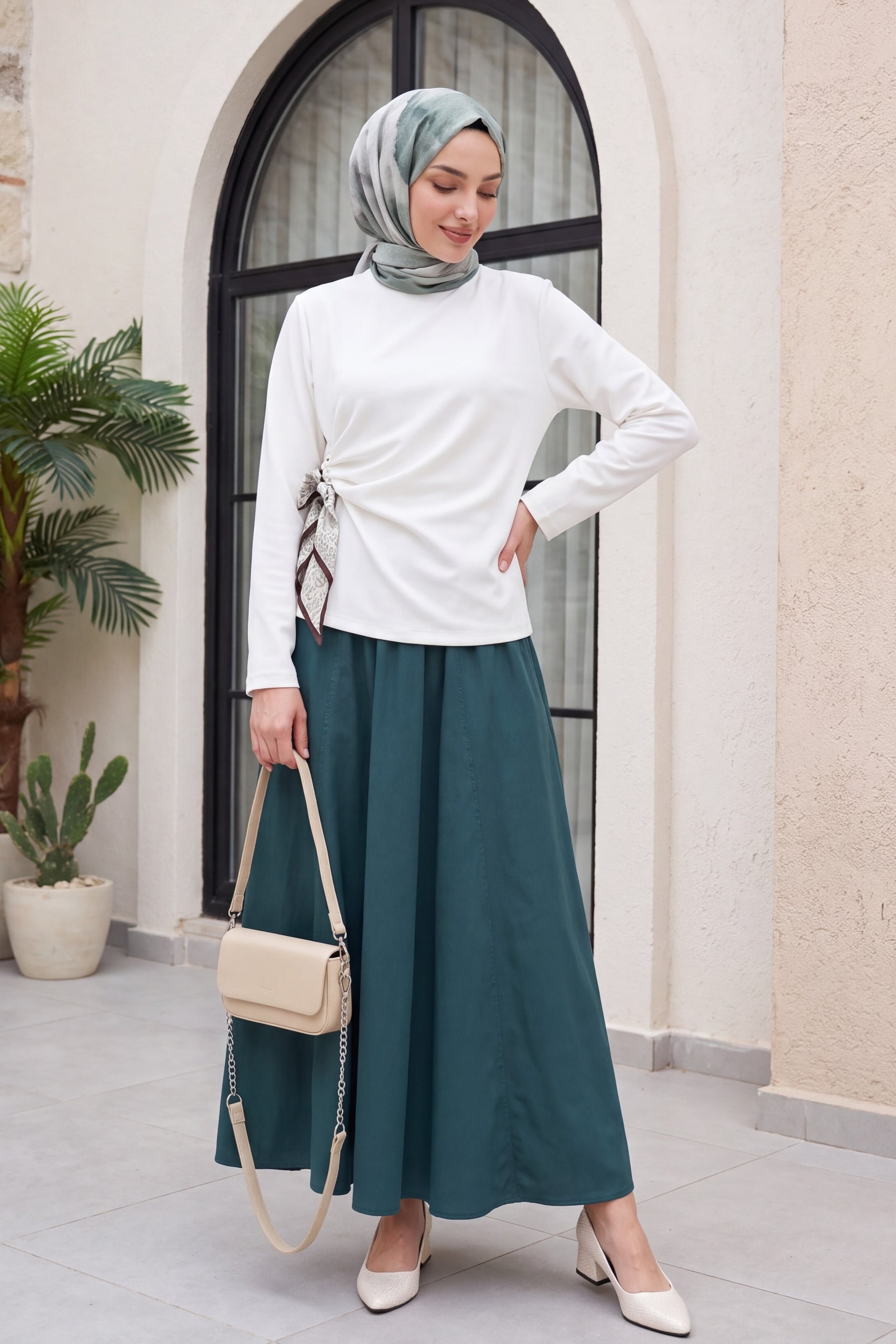Elasticated Waist Poplin A-Line Skirt with Pockets - Emerald Green - Podyumplus - by Peralane - photo 3