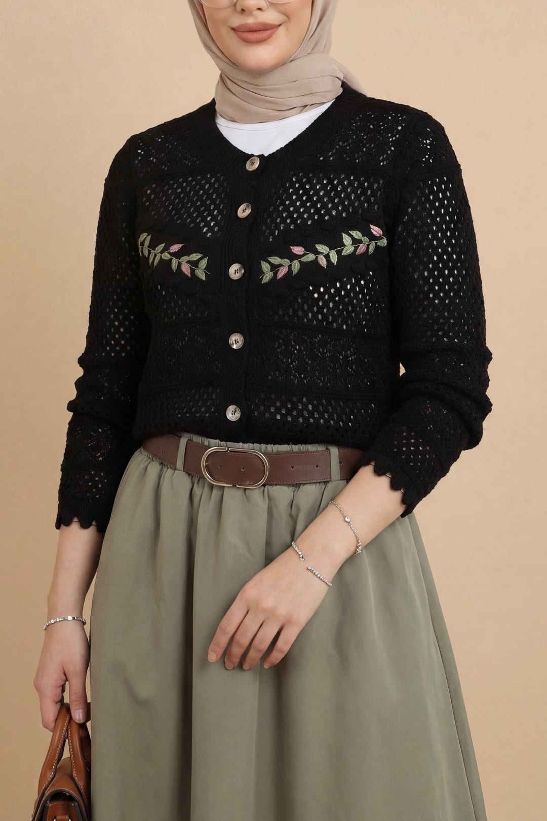 Embroidered Open-Knit Cardigan - Black - Podyumplus - by Peralane - photo 3