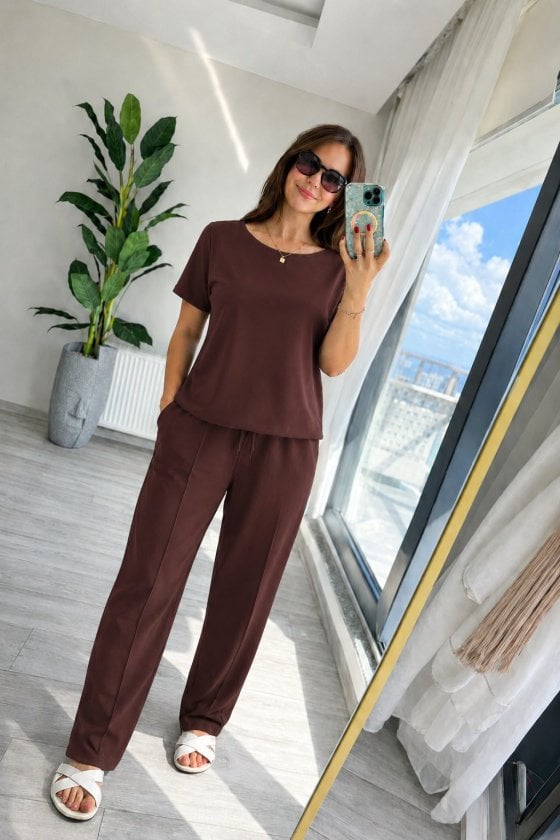 Women's Short Sleeve Bicycle Neck Viscose Two-Thread Blouse and Trousers Set - Janes - by Peralane