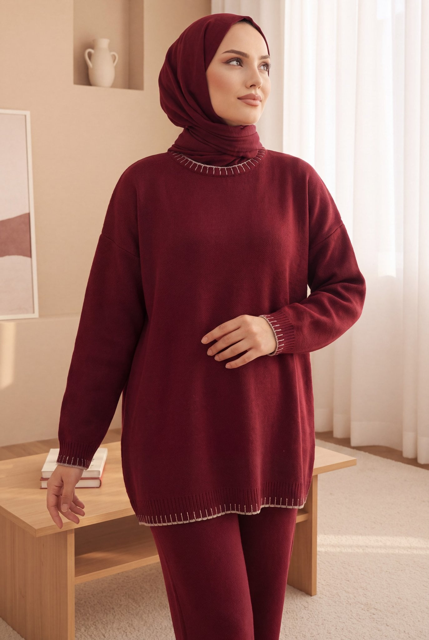 Round Neck Embroidered Knit Lounge Set - Burgundy - Podyumplus - by Peralane - photo 4