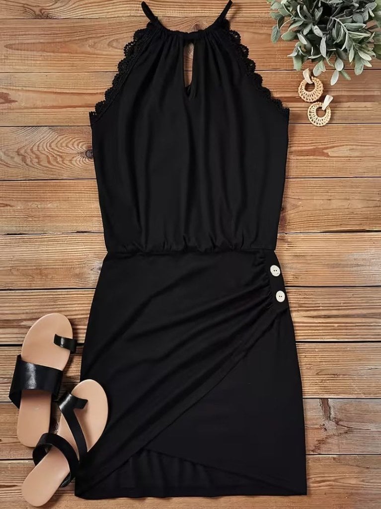 Women's Round Neck Back-Tie Button Detail Asymmetric Short Viscose Dress - Janes - by Peralane - photo 6