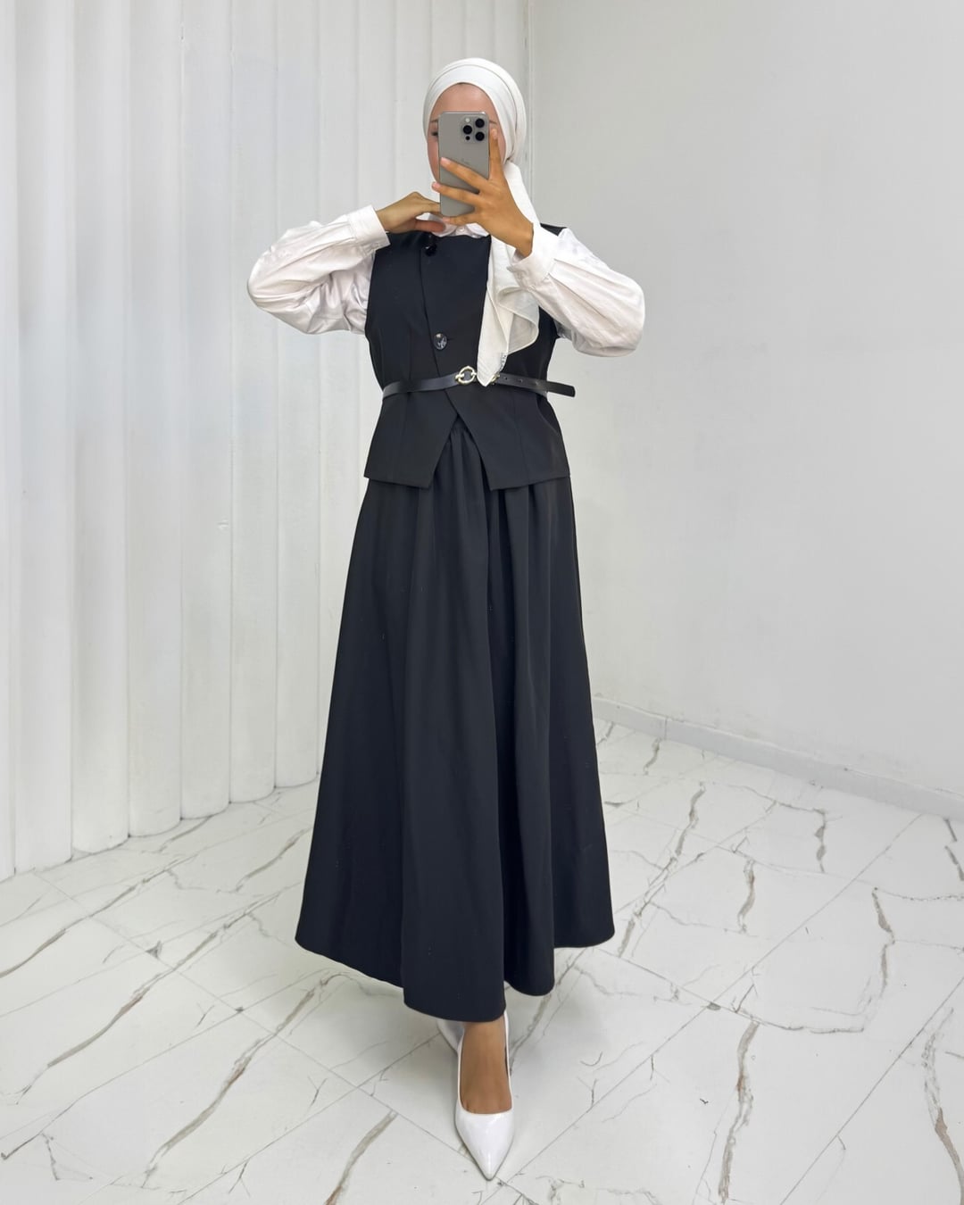 Cross Button Belted Vest and Skirt Set - Black - Podyumplus - by Peralane - photo 5
