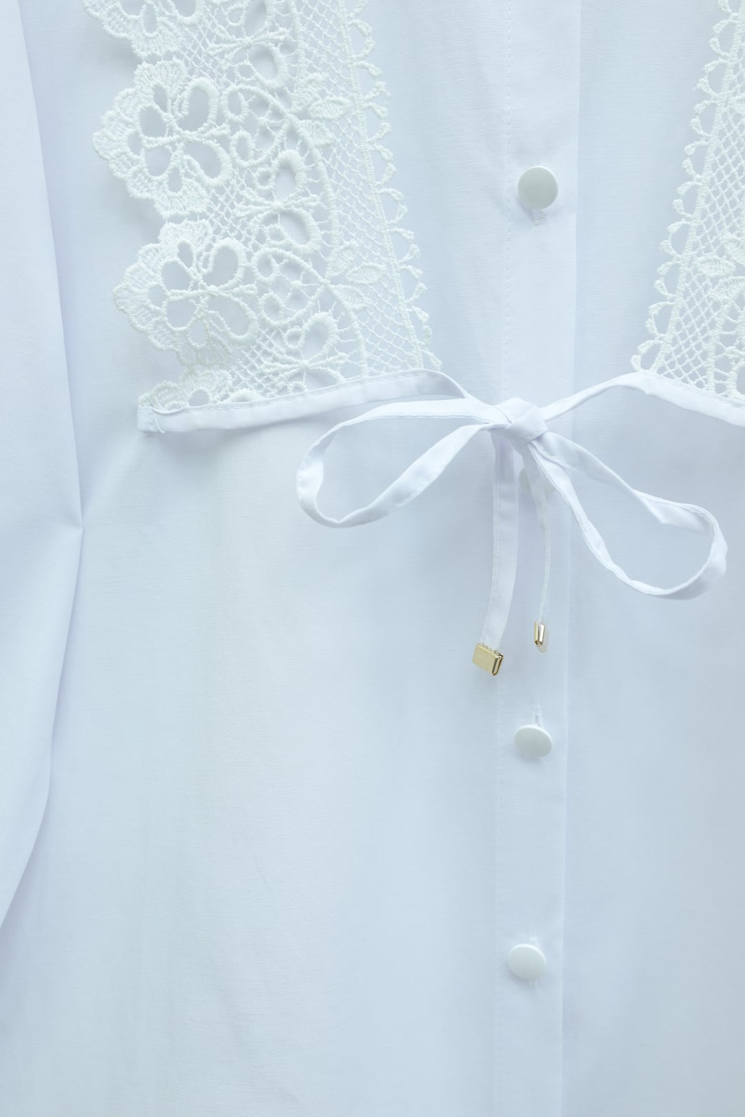 White Poplin Blouse with Lace Trim and Drawstring Tie - Podyumplus - by Peralane - photo 6