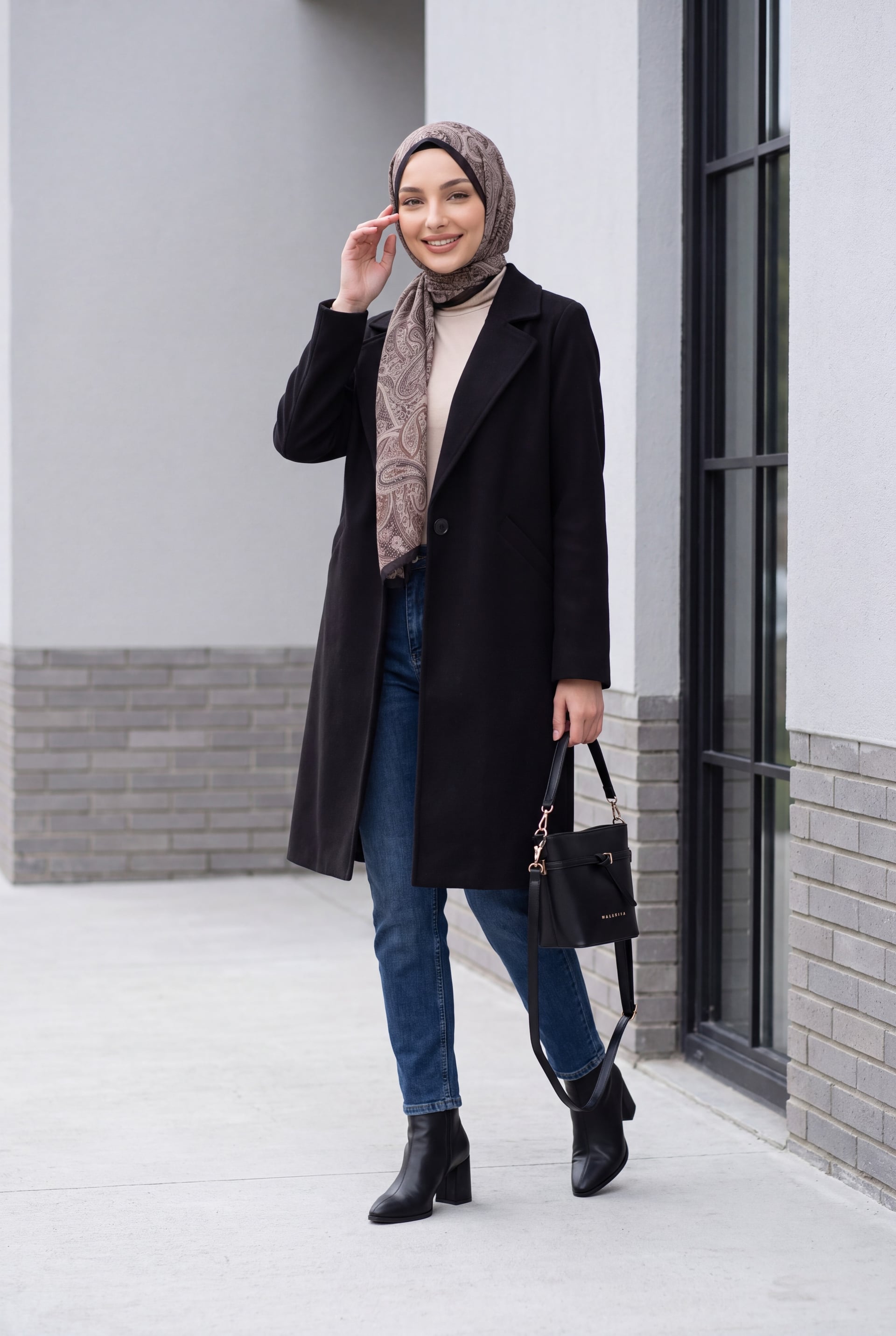 Black Mid-Length Coat with Notched Lapel - Women's - Bigdart - by Peralane