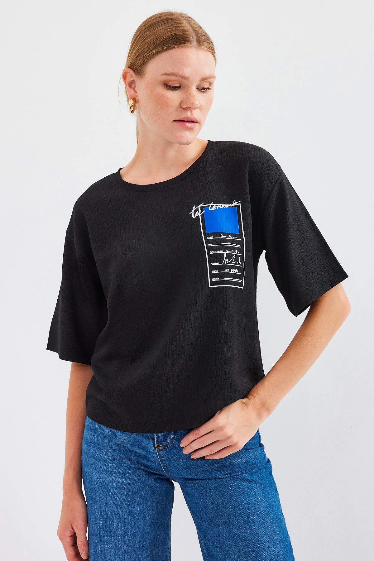 Black Printed Knit Basic T-Shirt for Women - Wholeskop - by Peralane - photo 3