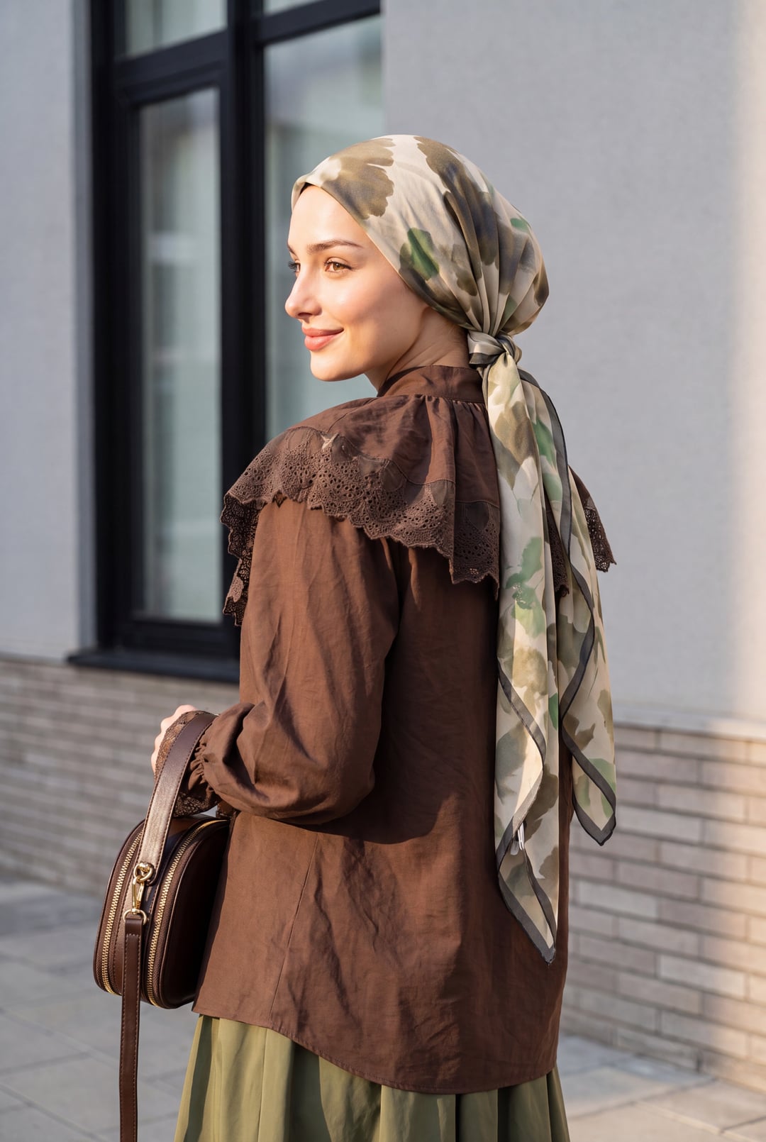 High Collar Long-Sleeve Modal Blouse with Lace Trim and Button Front - Dark Brown - Podyumplus - by Peralane - photo 5