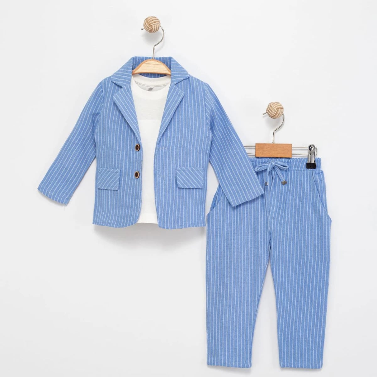 Boys' Blue Pinstripe Suit Set with T-Shirt (6-24 Months) - Terry - by Peralane